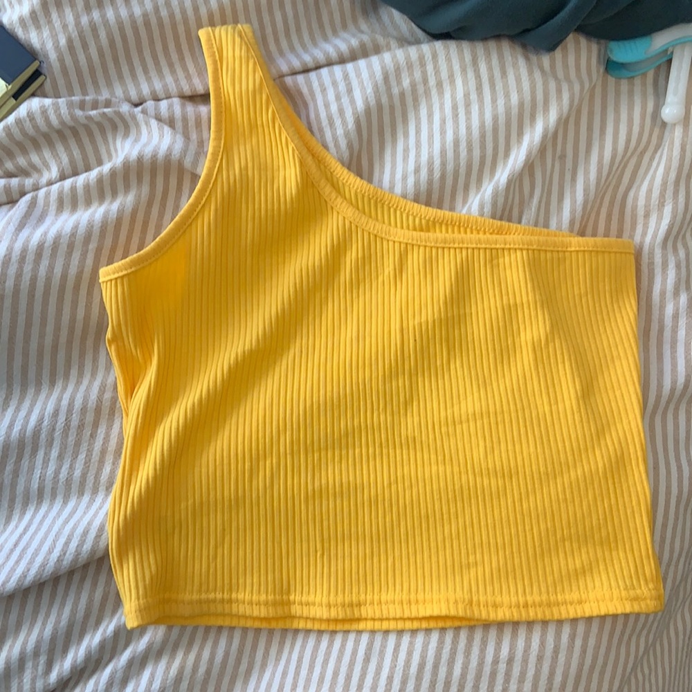 one shoulder yellow crop top